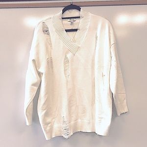 She + Sky Cream Distressed V-Neck Oversized Sweater